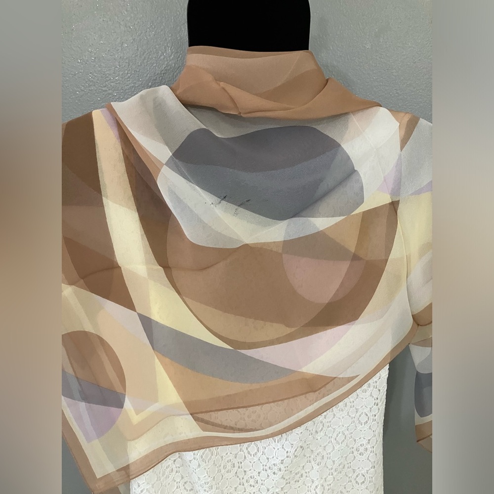 100% Silk scarf large camel grey cream - Picture 9 of 10